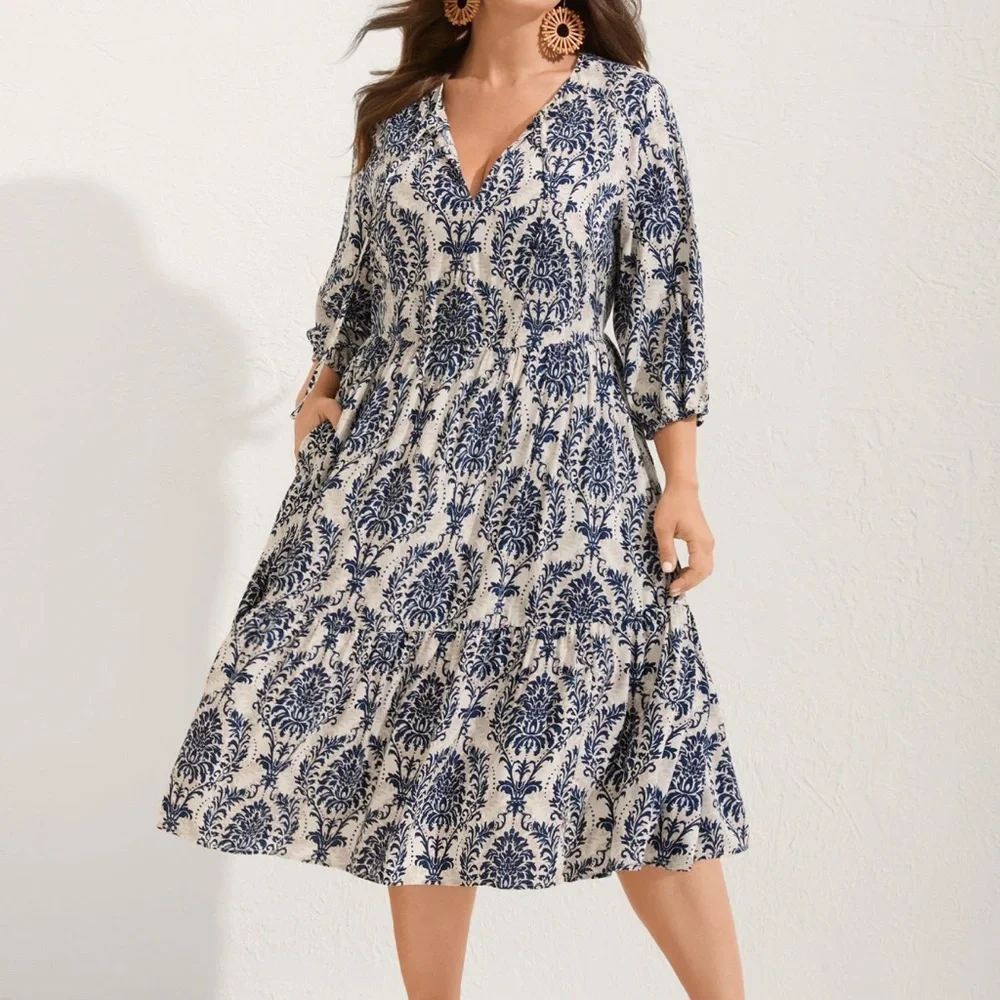 BloomChic 16 NWT Navy & Cream Tiered V-Neck Midi Dress - Picture 2 of 3